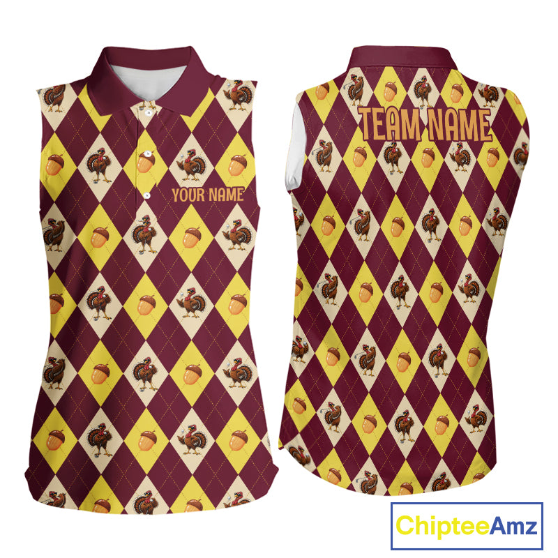 Turkey Women Sleeveless Golf Shirt, Thanksgiving Argyle Golf Top, Custom Name Golf Shirt For Women NHT1444
