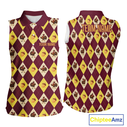 Turkey Women Sleeveless Golf Shirt, Thanksgiving Argyle Golf Top, Custom Name Golf Shirt For Women NHT1444