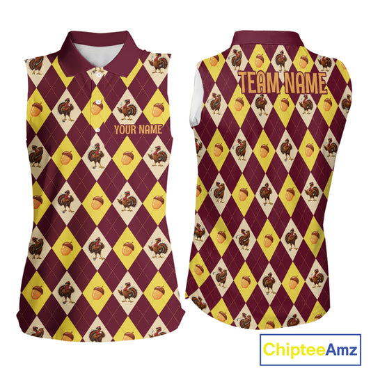 Turkey Women Sleeveless Golf Shirt, Thanksgiving Argyle Golf Top, Custom Name Golf Shirt For Women NHT1444