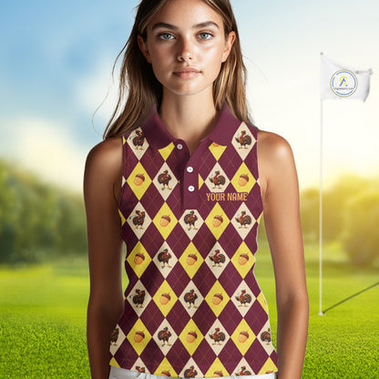 Turkey Women Sleeveless Golf Shirt, Thanksgiving Argyle Golf Top, Custom Name Golf Shirt For Women NHT1444