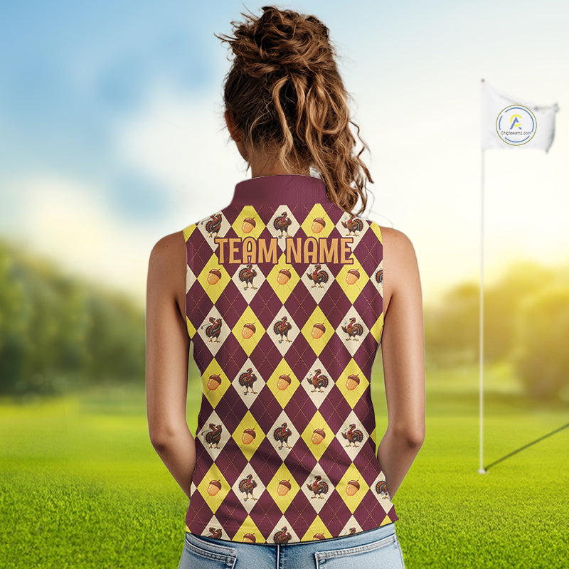 Turkey Women Sleeveless Golf Shirt, Thanksgiving Argyle Golf Top, Custom Name Golf Shirt For Women NHT1444