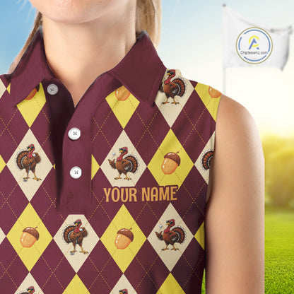 Turkey Women Sleeveless Golf Shirt, Thanksgiving Argyle Golf Top, Custom Name Golf Shirt For Women NHT1444