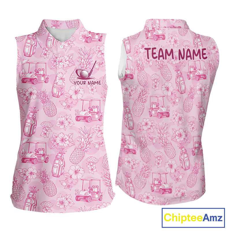 Funny Sleeveless Womens Golf Polo Shirt Pineapple Floral Golf Cart Pattern All Over Print Tropical Performance Top NHT842