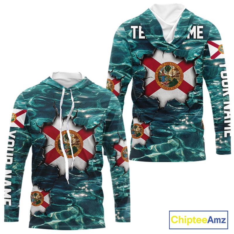 Florida Flag Fish Water Camo Custom Long Sleeve Hooded Fishing Shirts, Performance Fishing Shirts For Men NHT847