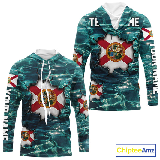 Florida Flag Fish Water Camo Custom Long Sleeve Hooded Fishing Shirts, Performance Fishing Shirts For Men NHT847