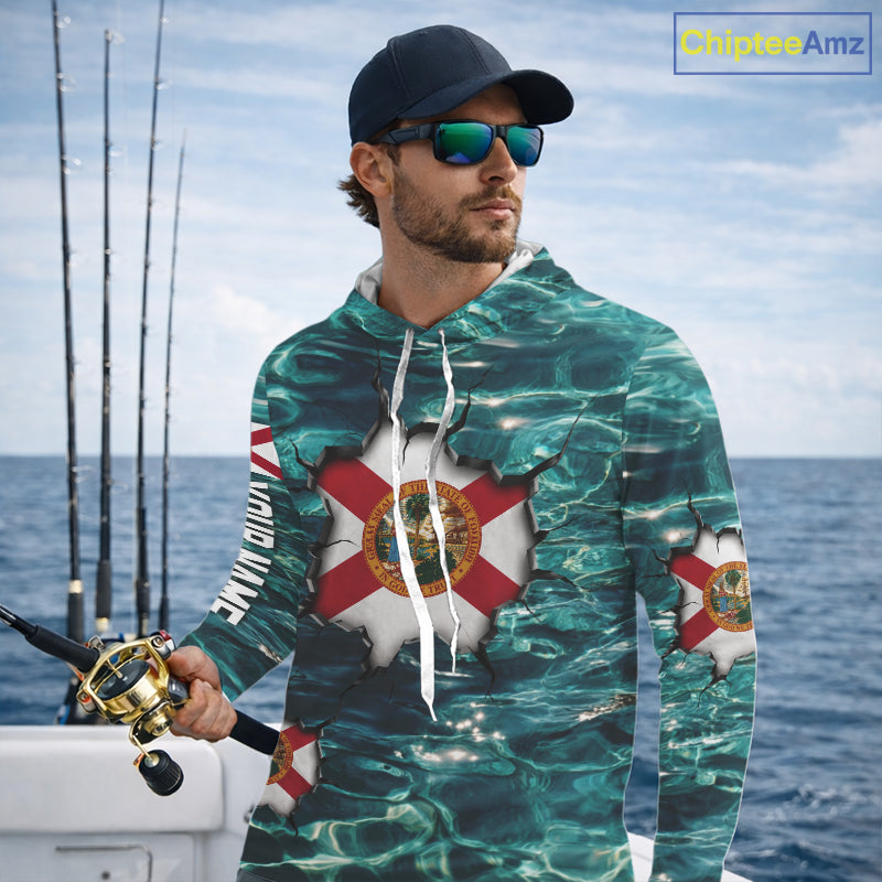 Florida Flag Fish Water Camo Custom Long Sleeve Hooded Fishing Shirts, Performance Fishing Shirts For Men NHT847