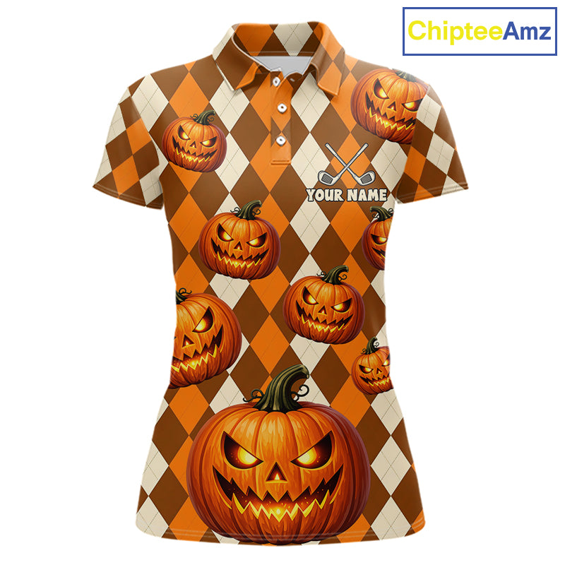A women's short-sleeve polo shirt with a Halloween theme, featuring an orange and brown argyle pattern with carved jack-o'-lantern pumpkins and a customizable name print on the chest. The shirt is displayed on a white background with a 'ChipteeAmz' logo in the top right corner.