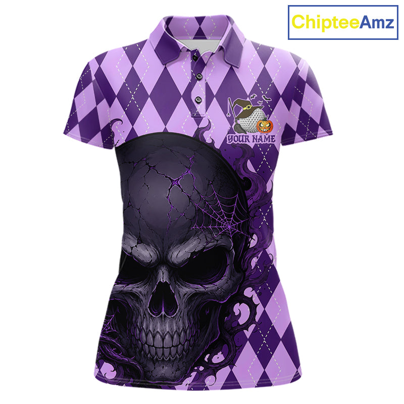 A women's short-sleeve polo shirt with a purple and lavender argyle pattern on the sleeves and upper body, featuring a large black and purple skull graphic on the front with spiderweb details. The shirt has a custom name placeholder on the left chest and is shown on a plain white background with a 'ChipteeAmz' logo in the top right corner.