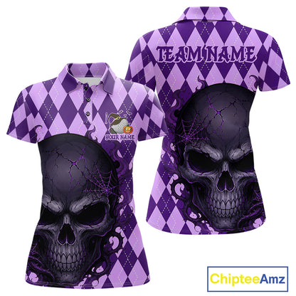 Custom short-sleeve polo shirt shown from the front and back in purple and lavender, featuring a large black skull graphic on the front and back, an argyle pattern, and customizable text fields 'TEAMNAME' and 'YOUR NAME'
