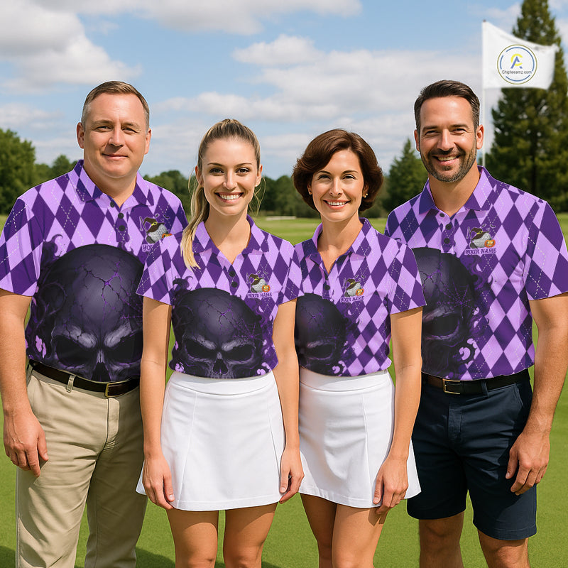 Custom Name Purple Skull Men Golf Polo Shirt - Personalized Halloween Team Golf Shirt NHT1302