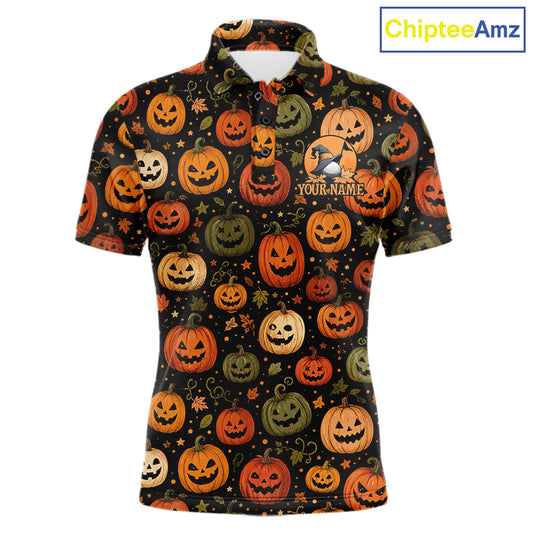 A women's short-sleeve polo shirt with a black background and an all-over Halloween pumpkin print in orange, green, and beige. The shirt features a customizable chest graphic with a ghost and the text 'YOUR NAME'.