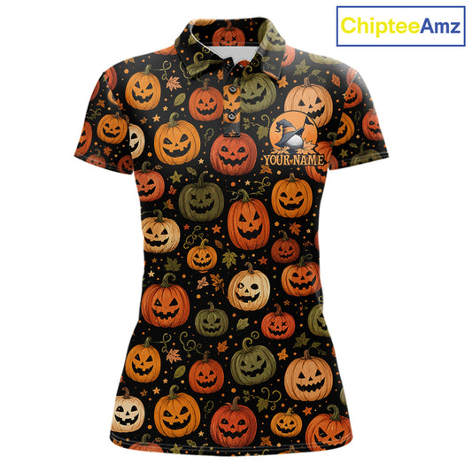 A women's short-sleeve polo shirt with an all-over Halloween print featuring jack-o'-lanterns, pumpkins, stars, and leaves on a black background. The shirt has a collar, button placket, and a small chest graphic with a ghost and the text 'YOUR NAME