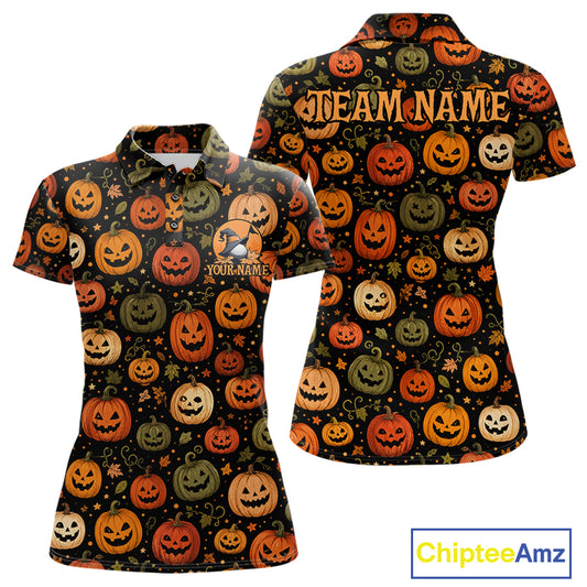 A women's short-sleeve polo shirt shown from both front and back on a white background. The shirt has an all-over Halloween pumpkin print on a black base, with 'TEAM NAME' printed across the back in orange and the front has a small circular logo area and customizable text.