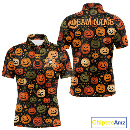 Front and back views of a short-sleeve polo shirt featuring an all-over Halloween pumpkin print on a black background. The shirt includes customizable text placeholders reading 'TEAM NAME' on the back and 'YOUR NAME' on the front chest