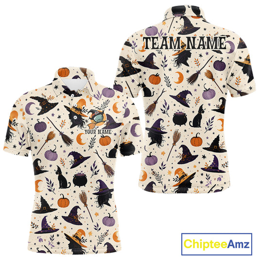 A short-sleeve collared button-up shirt shown from both front and back on a white background. The shirt has an all-over Halloween print with witch hats, cauldrons, broomsticks, pumpkins, cats, stars, and crescent moons on a cream base.