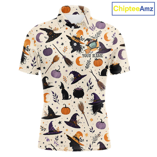 A short-sleeve polo shirt with a Halloween-themed all-over print on a cream background, featuring witch hats, cauldrons, pumpkins, broomsticks, cats, stars, and crescent moons. The shirt has a placeholder text 'YOUR NAME' on the front and a 'ChipteeAmz' logo in the top right corner.