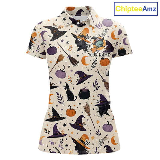 A women's short-sleeve polo shirt with a Halloween-themed all-over print featuring witch hats, broomsticks, cauldrons, pumpkins, moons, and stars on an off-white background. The shirt has a placeholder text 'YOUR NAME' on the chest and a 'ChipteeAmz' logo in the top right corner.