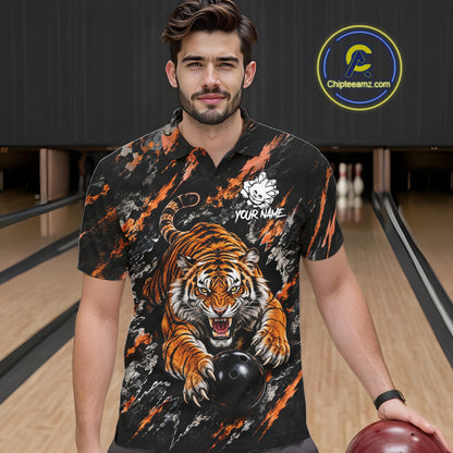 Custom Tiger Men Bowling Polo Shirt, Personalized Tiger And Bowling Ball Team Name Polo, Bowling Jersey NHT1608