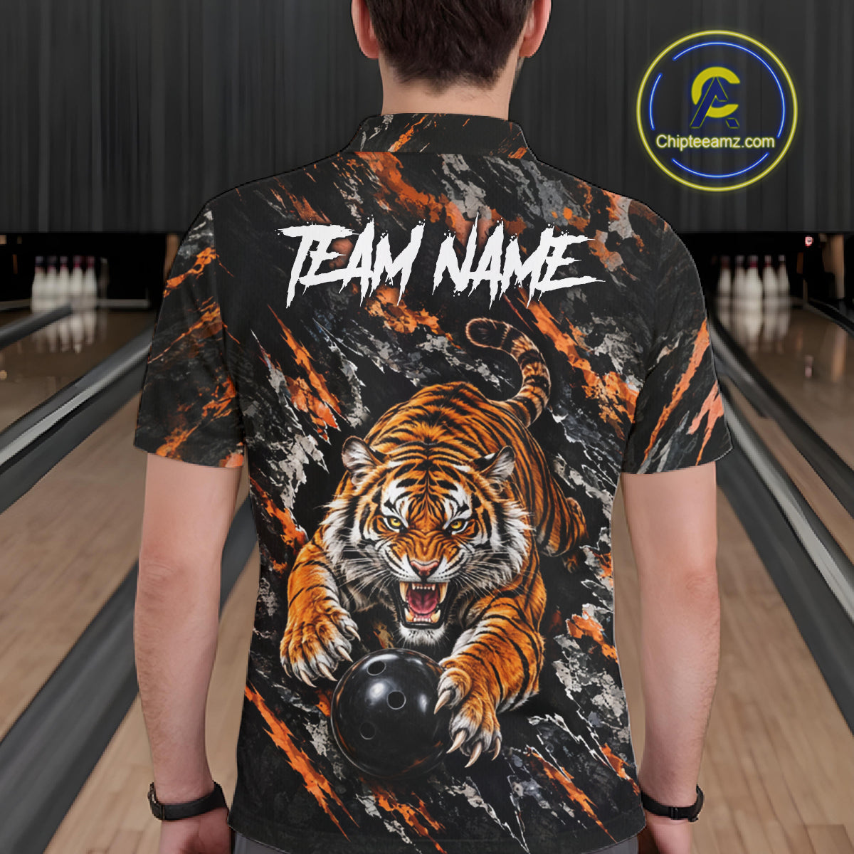 Custom Tiger Men Bowling Polo Shirt, Personalized Tiger And Bowling Ball Team Name Polo, Bowling Jersey NHT1608