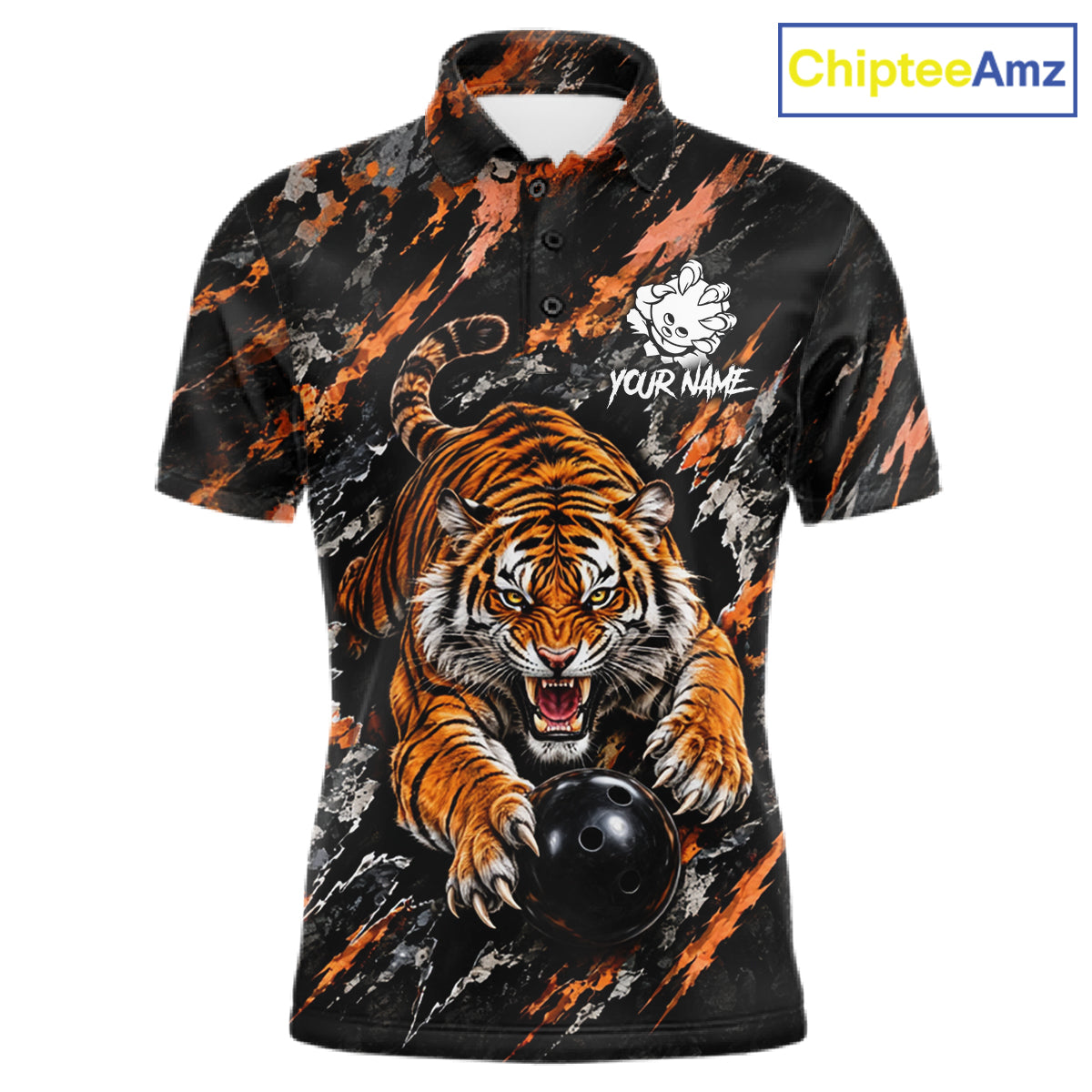 Custom Tiger Men Bowling Polo Shirt, Personalized Tiger And Bowling Ball Team Name Polo, Bowling Jersey NHT1608