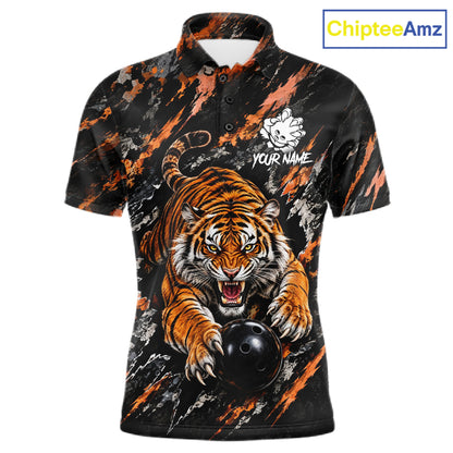 Custom Tiger Men Bowling Polo Shirt, Personalized Tiger And Bowling Ball Team Name Polo, Bowling Jersey NHT1608