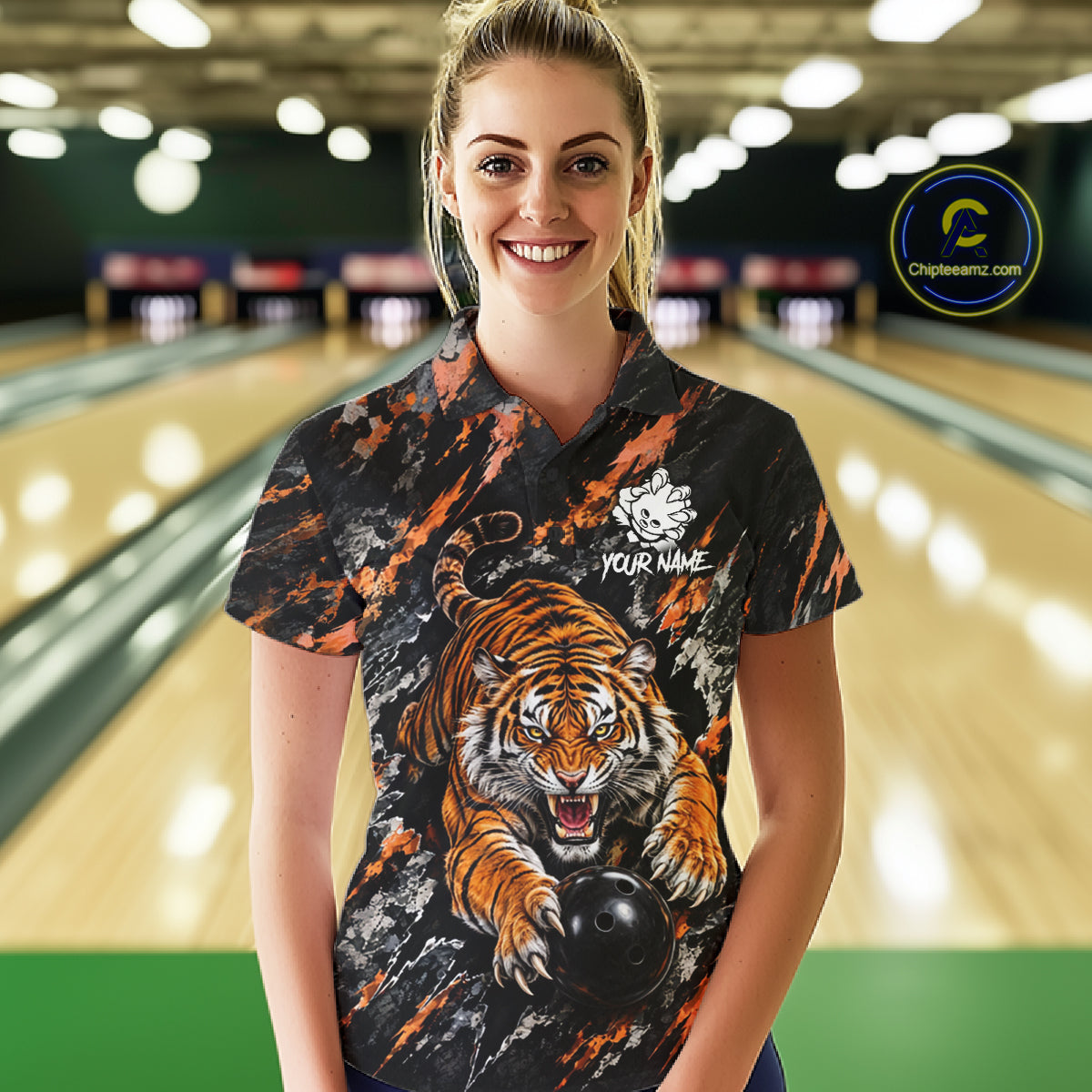 Custom Tiger Women Bowling Polo Shirt, Personalized Tiger And Bowling Ball Team Name Polo, Bowling Jersey NHT1608