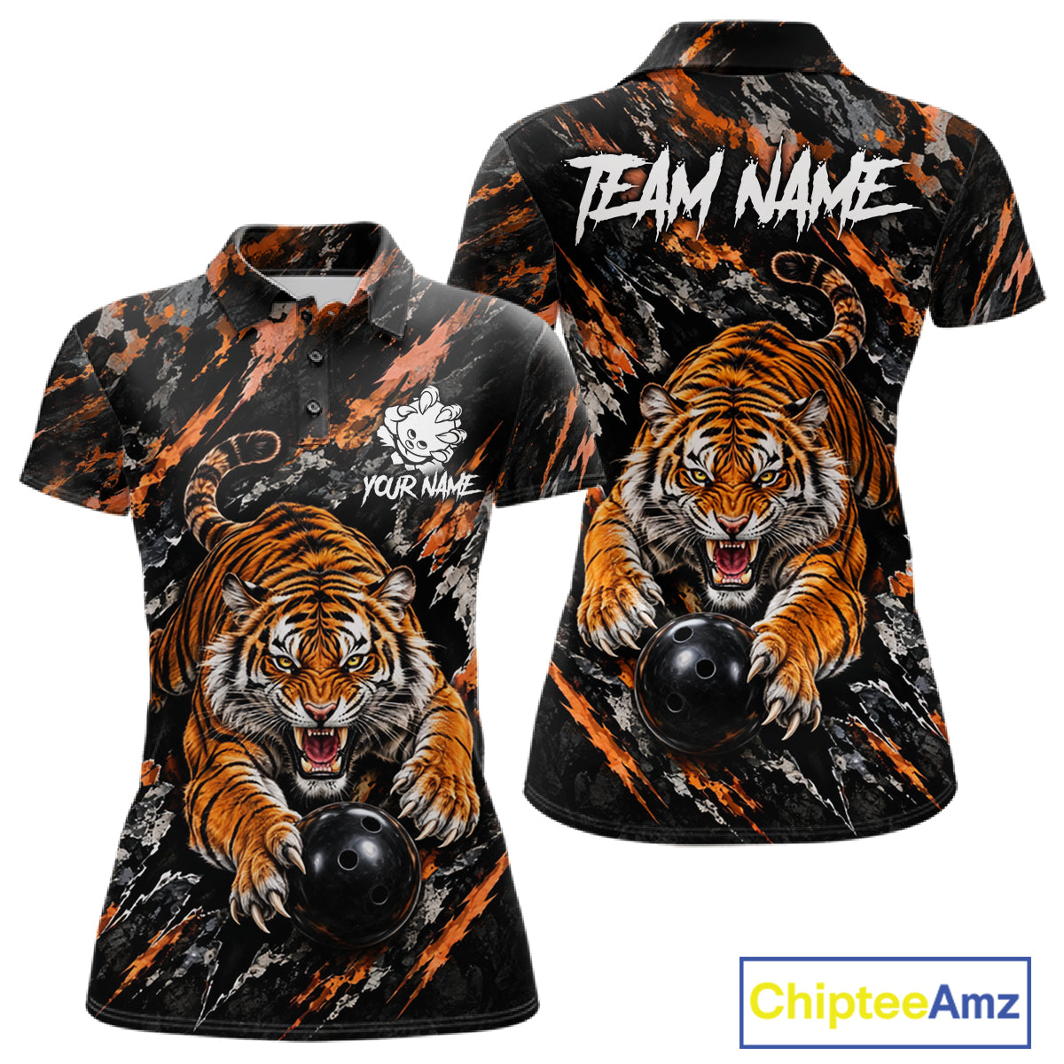 Custom Tiger Women Bowling Polo Shirt, Personalized Tiger And Bowling Ball Team Name Polo, Bowling Jersey NHT1608
