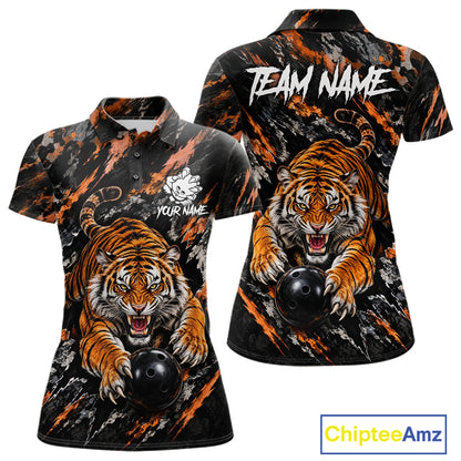 Custom Tiger Women Bowling Polo Shirt, Personalized Tiger And Bowling Ball Team Name Polo, Bowling Jersey NHT1608