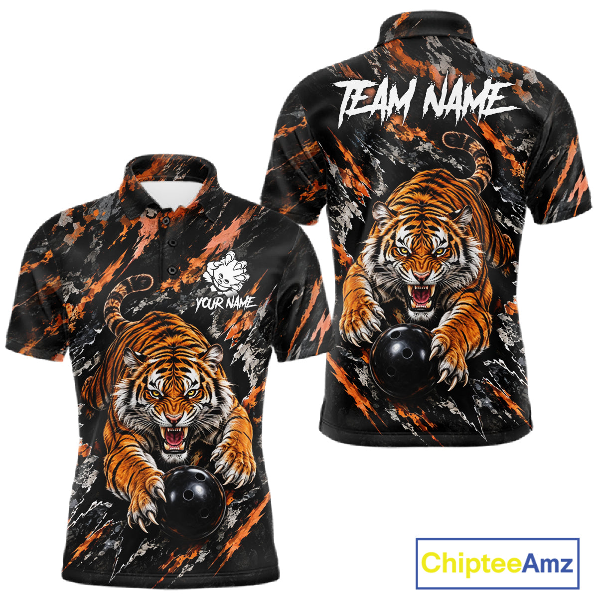 Custom Tiger Men Bowling Polo Shirt, Personalized Tiger And Bowling Ball Team Name Polo, Bowling Jersey NHT1608