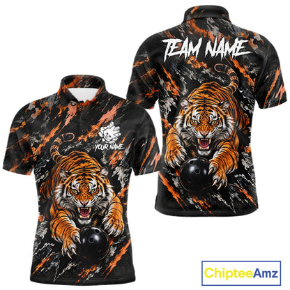 Custom Tiger Men Bowling Polo Shirt, Personalized Tiger And Bowling Ball Team Name Polo, Bowling Jersey NHT1608