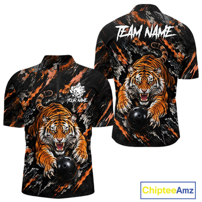 Custom Tiger Men Bowling Polo Shirt, Personalized Tiger And Bowling Ball Team Name Polo, Bowling Jersey NHT1608