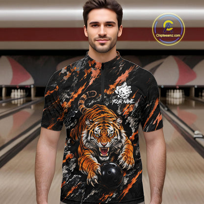 Custom Tiger Men Bowling Polo Shirt, Personalized Tiger And Bowling Ball Team Name Polo, Bowling Jersey NHT1608