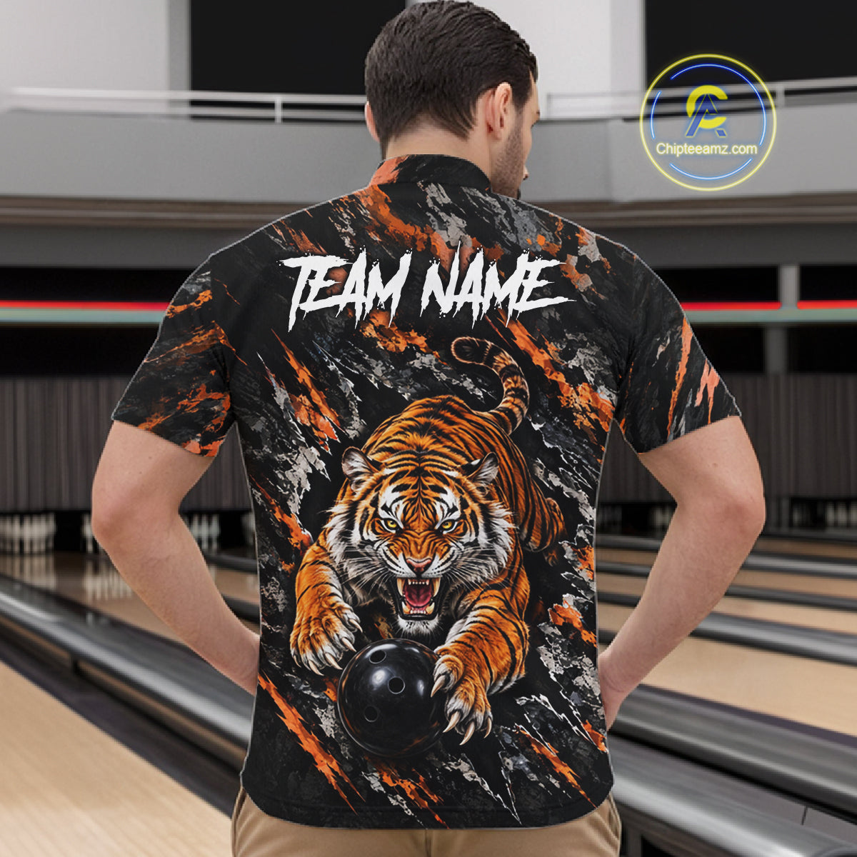 Custom Tiger Men Bowling Polo Shirt, Personalized Tiger And Bowling Ball Team Name Polo, Bowling Jersey NHT1608