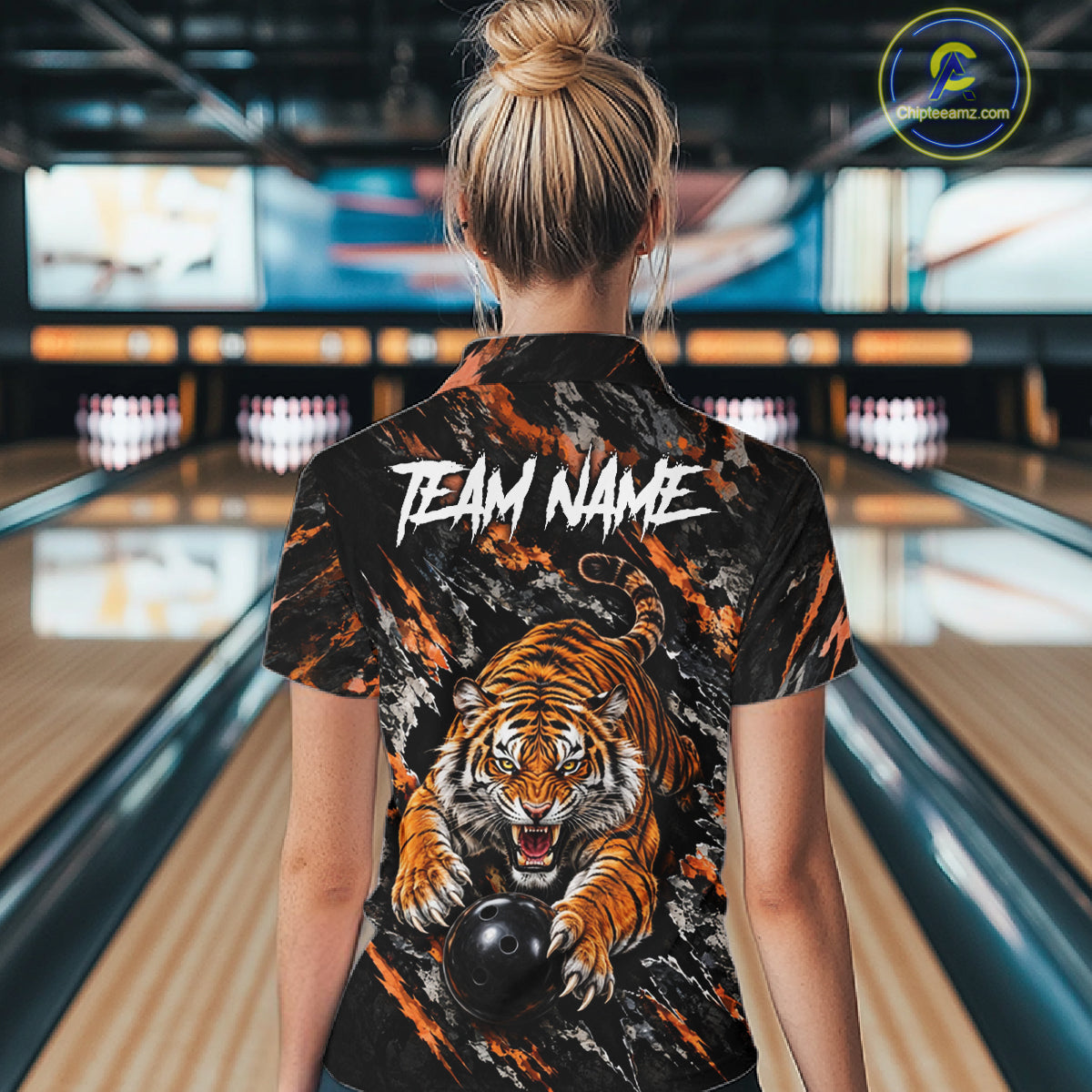 Custom Tiger Women Bowling Polo Shirt, Personalized Tiger And Bowling Ball Team Name Polo, Bowling Jersey NHT1608
