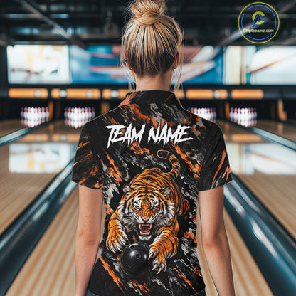 Custom Tiger Women Bowling Polo Shirt, Personalized Tiger And Bowling Ball Team Name Polo, Bowling Jersey NHT1608