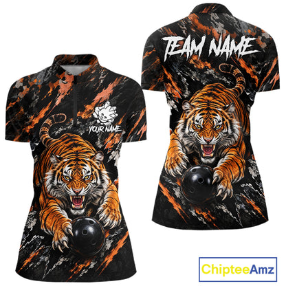 Custom Tiger Women Bowling Polo Shirt, Personalized Tiger And Bowling Ball Team Name Polo, Bowling Jersey NHT1608
