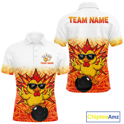 Custom Name Men Chicken Bowling Polo Shirt, Funny Chicken Apparel, Personalized Team Bowling Shirt NHT1610