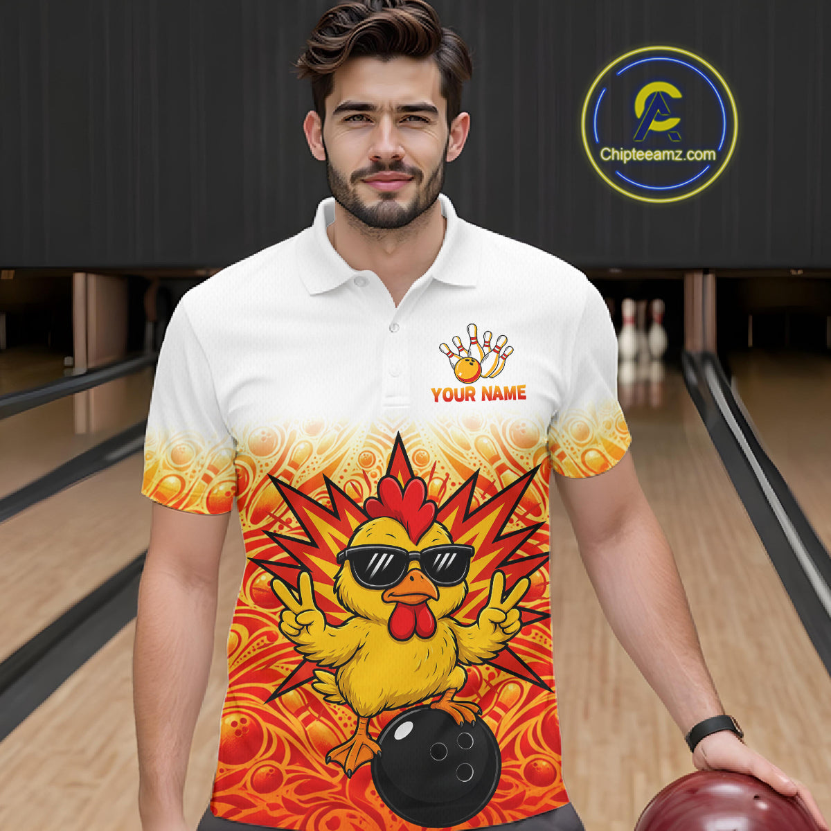 Custom Name Men Chicken Bowling Polo Shirt, Funny Chicken Apparel, Personalized Team Bowling Shirt NHT1610