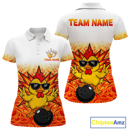 Custom Name Women Chicken Bowling Polo Shirt, Funny Chicken Apparel, Personalized Team Bowling Shirt NHT1610