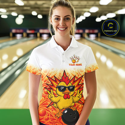 Custom Name Women Chicken Bowling Polo Shirt, Funny Chicken Apparel, Personalized Team Bowling Shirt NHT1610