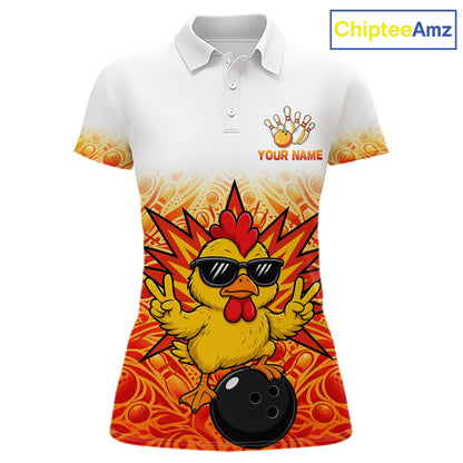 Custom Name Women Chicken Bowling Polo Shirt, Funny Chicken Apparel, Personalized Team Bowling Shirt NHT1610