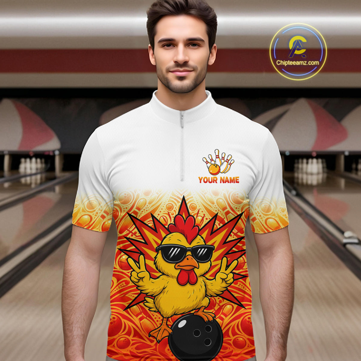 Custom Name Men Chicken Bowling Polo Shirt, Funny Chicken Apparel, Personalized Team Bowling Shirt NHT1610