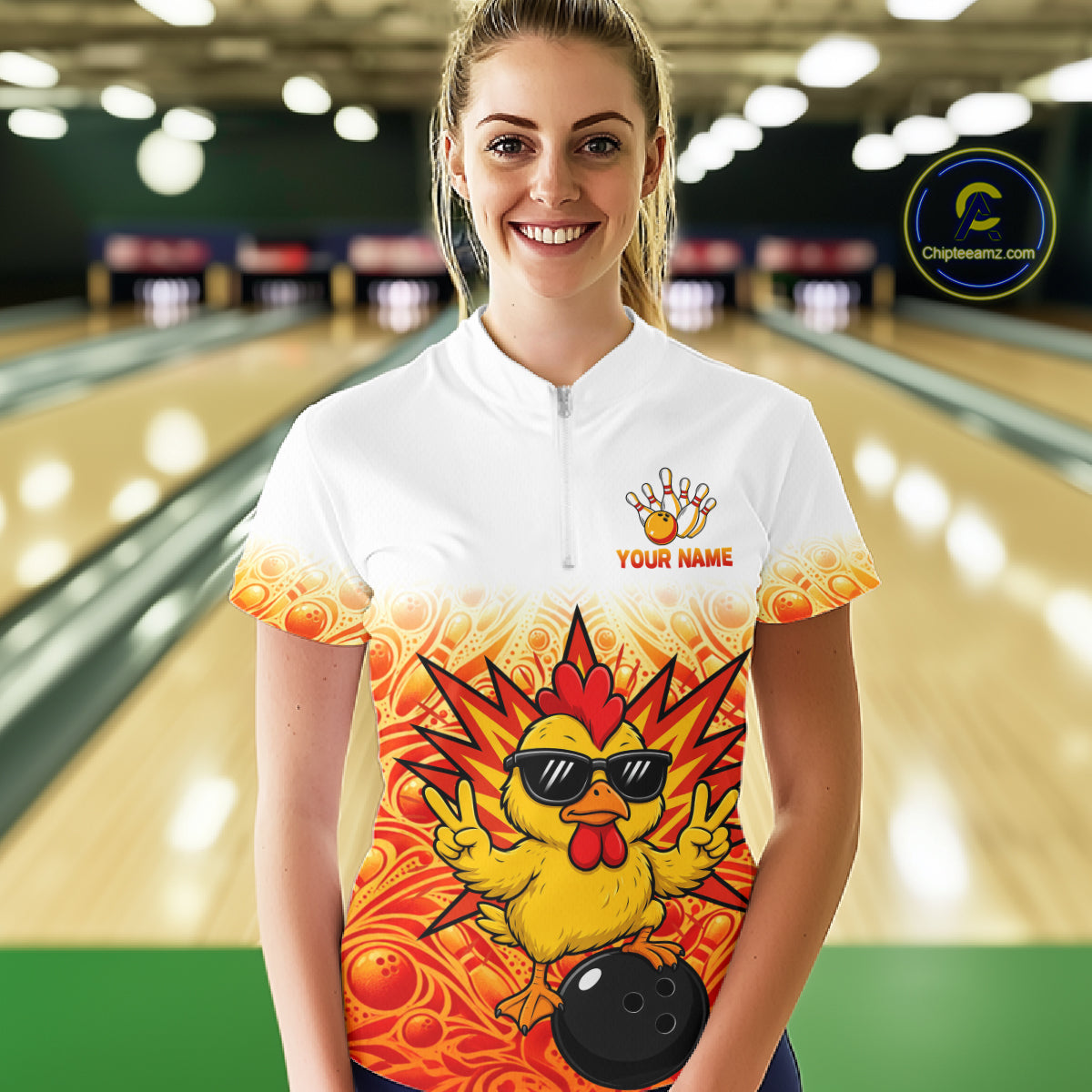 Custom Name Women Chicken Bowling Polo Shirt, Funny Chicken Apparel, Personalized Team Bowling Shirt NHT1610