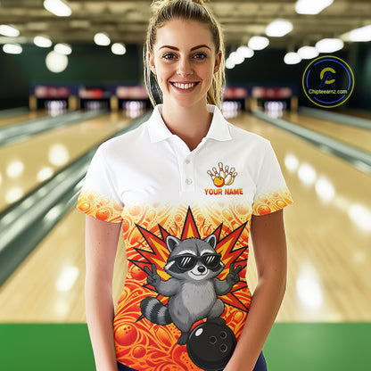 Custom Name Women Raccoon Bowling Polo Shirt, Funny Raccoon Apparel, Personalized Team Bowling Shirt NHT1611