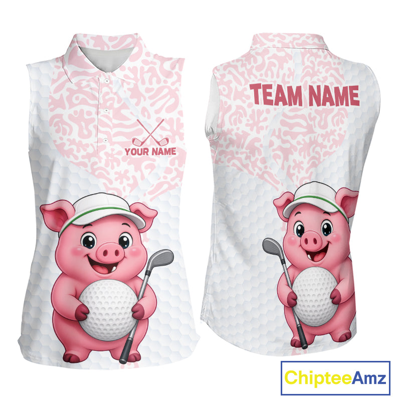 Personalized Pig Women Sleeveless Golf Shirt, Funny Golf Team Polo, Custom Name & Team Name NHT1612