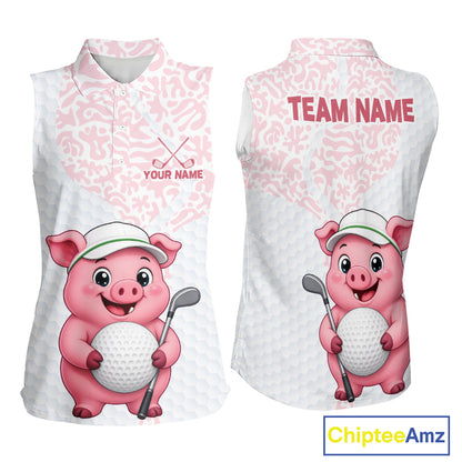 Personalized Pig Women Sleeveless Golf Shirt, Funny Golf Team Polo, Custom Name & Team Name NHT1612