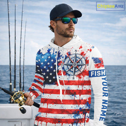 American Flag Compass Hooded Fishing Shirt Shirt Personalized Patriotic Outdoor Gear Performance Apparel NHT1787