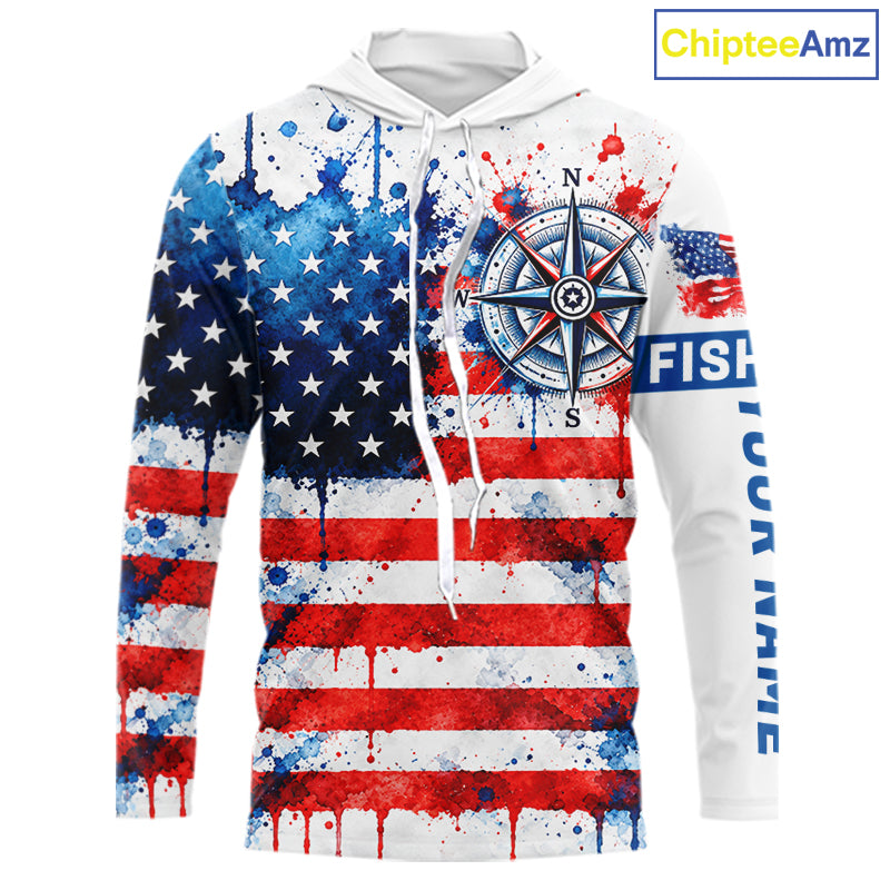 American Flag Compass Hooded Fishing Shirt Shirt Personalized Patriotic Outdoor Gear Performance Apparel NHT1787
