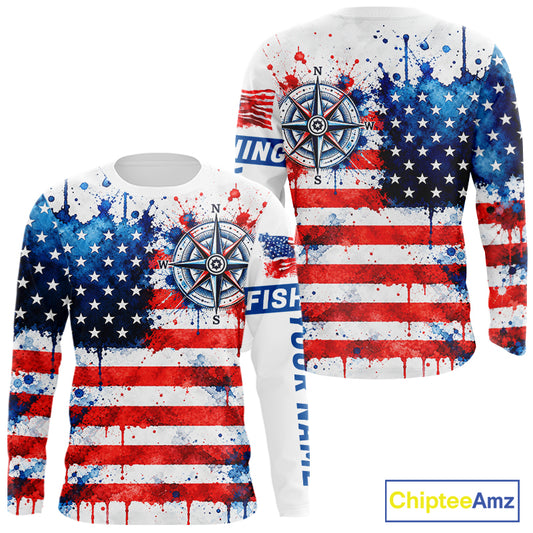 American Flag Compass Fishing Shirt Personalized Patriotic Outdoor Gear Performance Apparel NHT1787