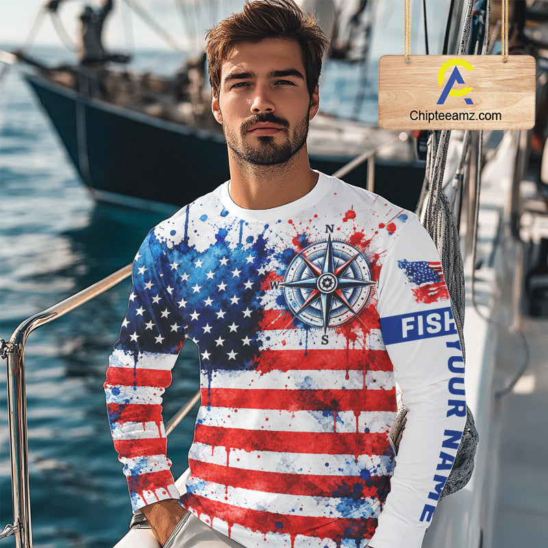 American Flag Compass Fishing Shirt Personalized Patriotic Outdoor Gear Performance Apparel NHT1787